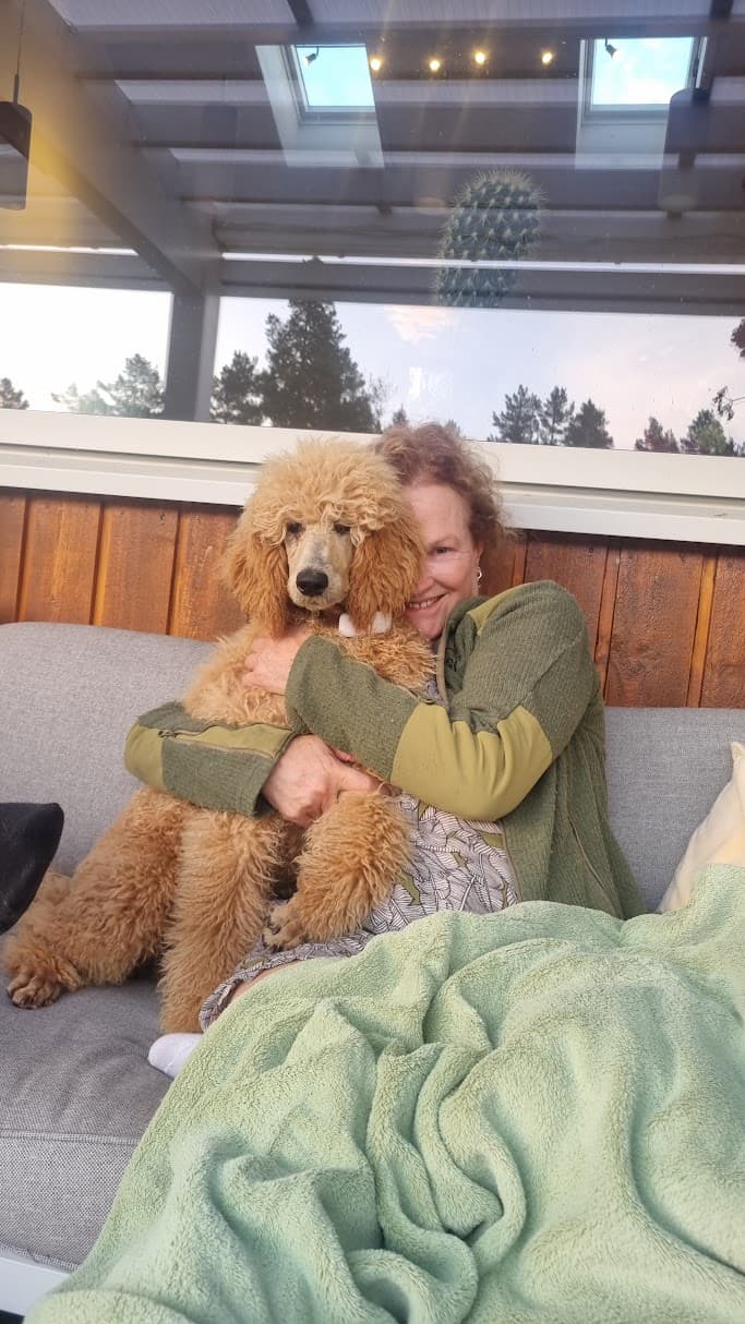 Ingun og kongepuddelen Pippi på sofaen under glasstaket
